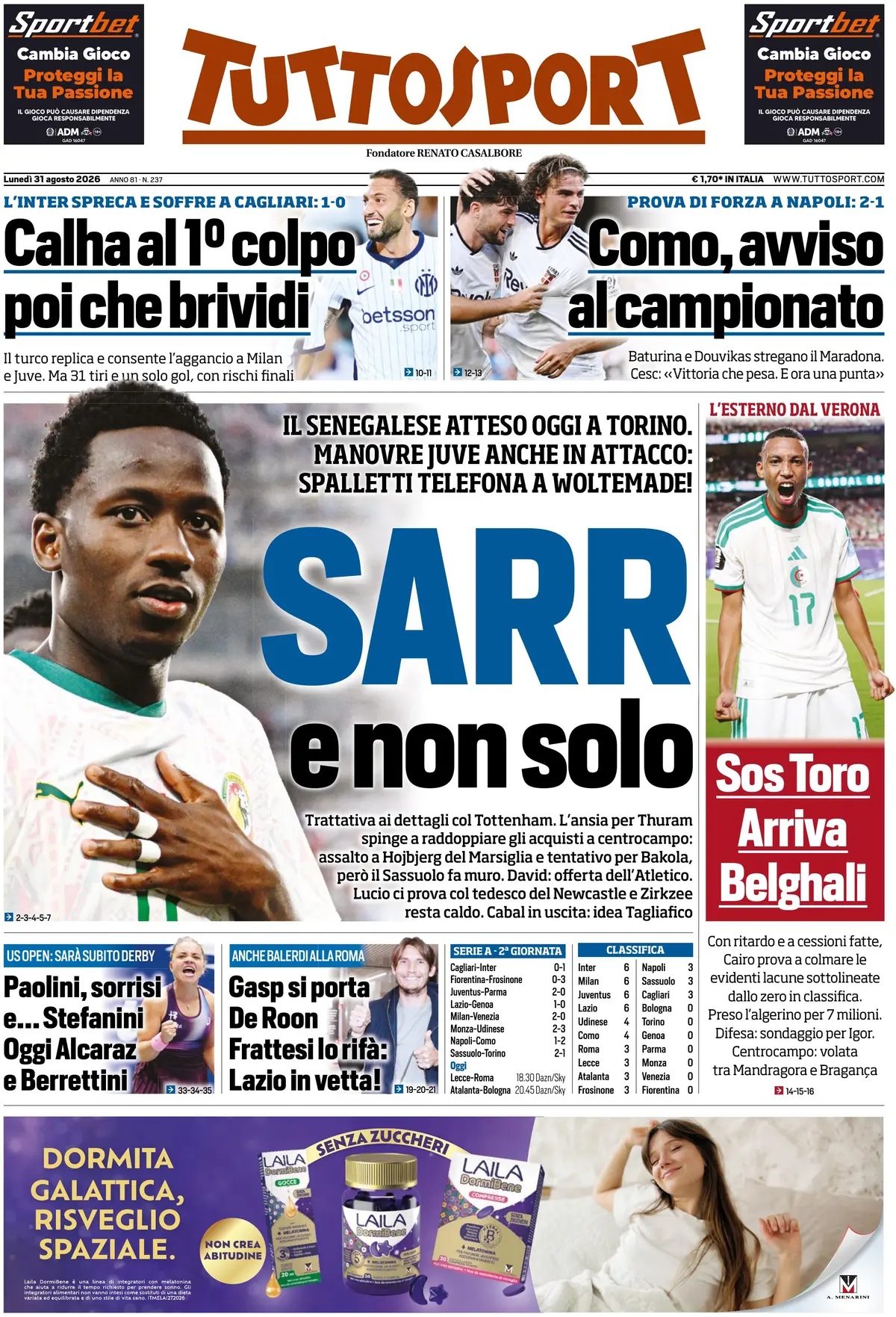 Le prime pagine dei quotidiani sportivi
