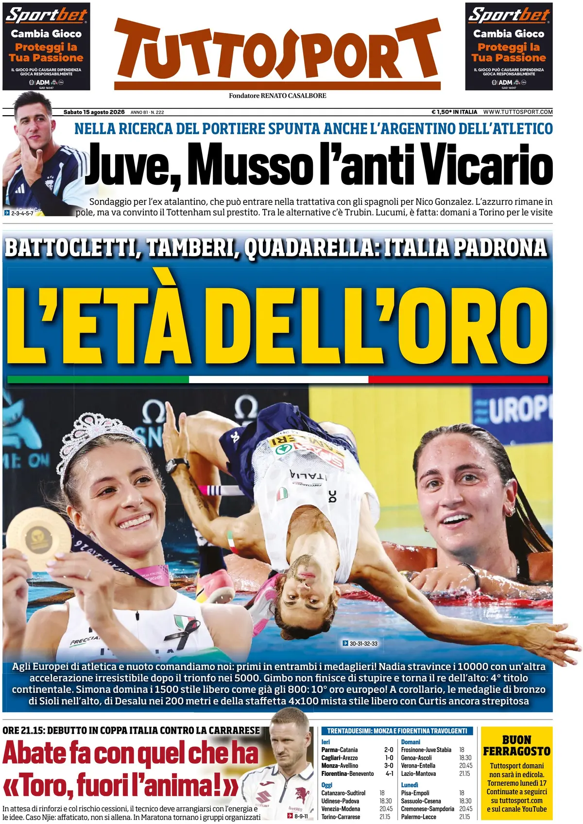Le prime pagine dei quotidiani sportivi