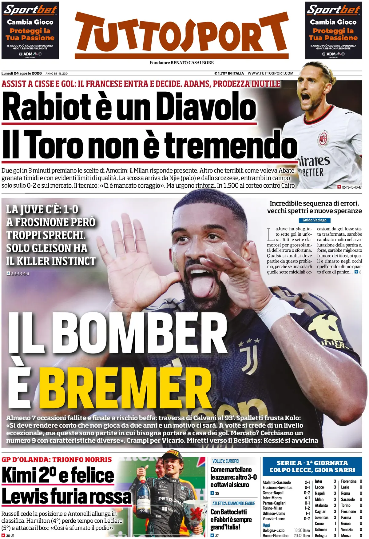 Le prime pagine dei quotidiani sportivi