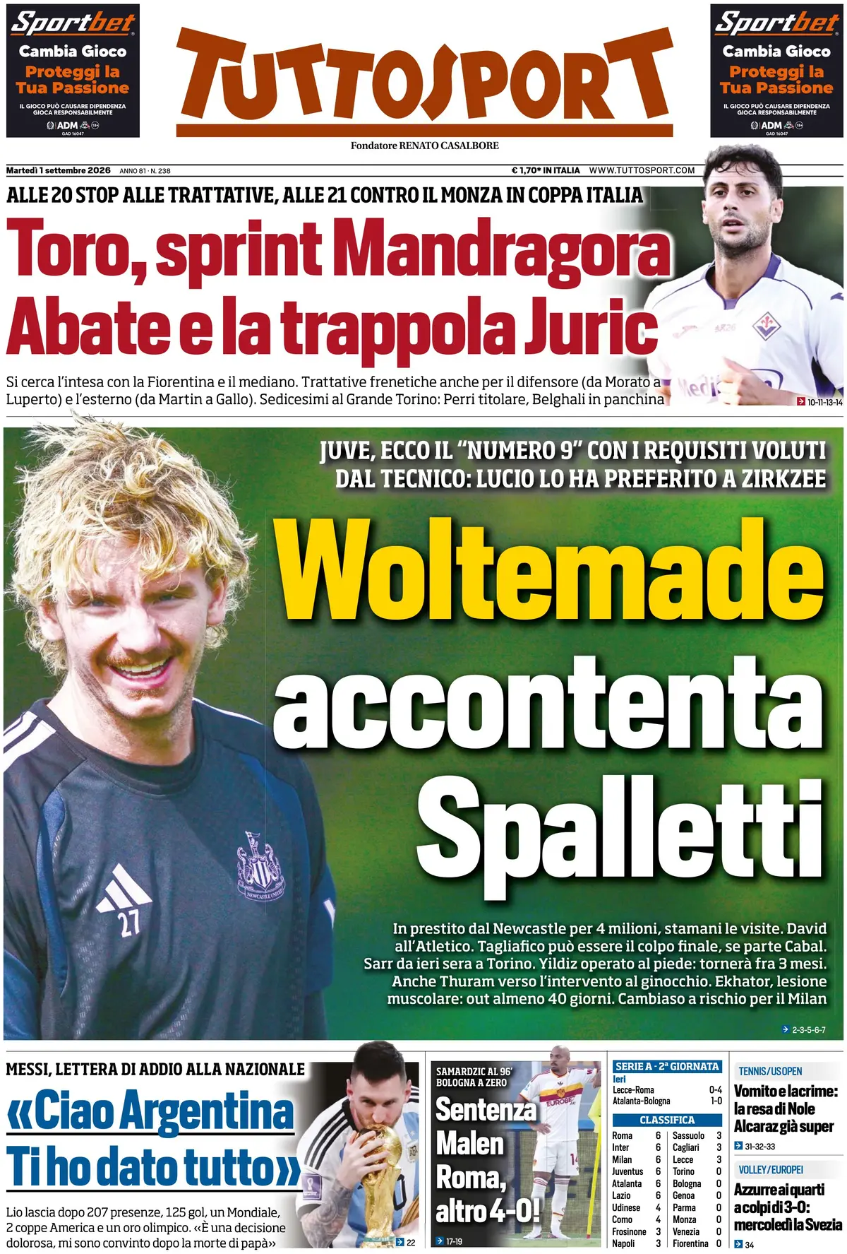 Le prime pagine dei quotidiani sportivi