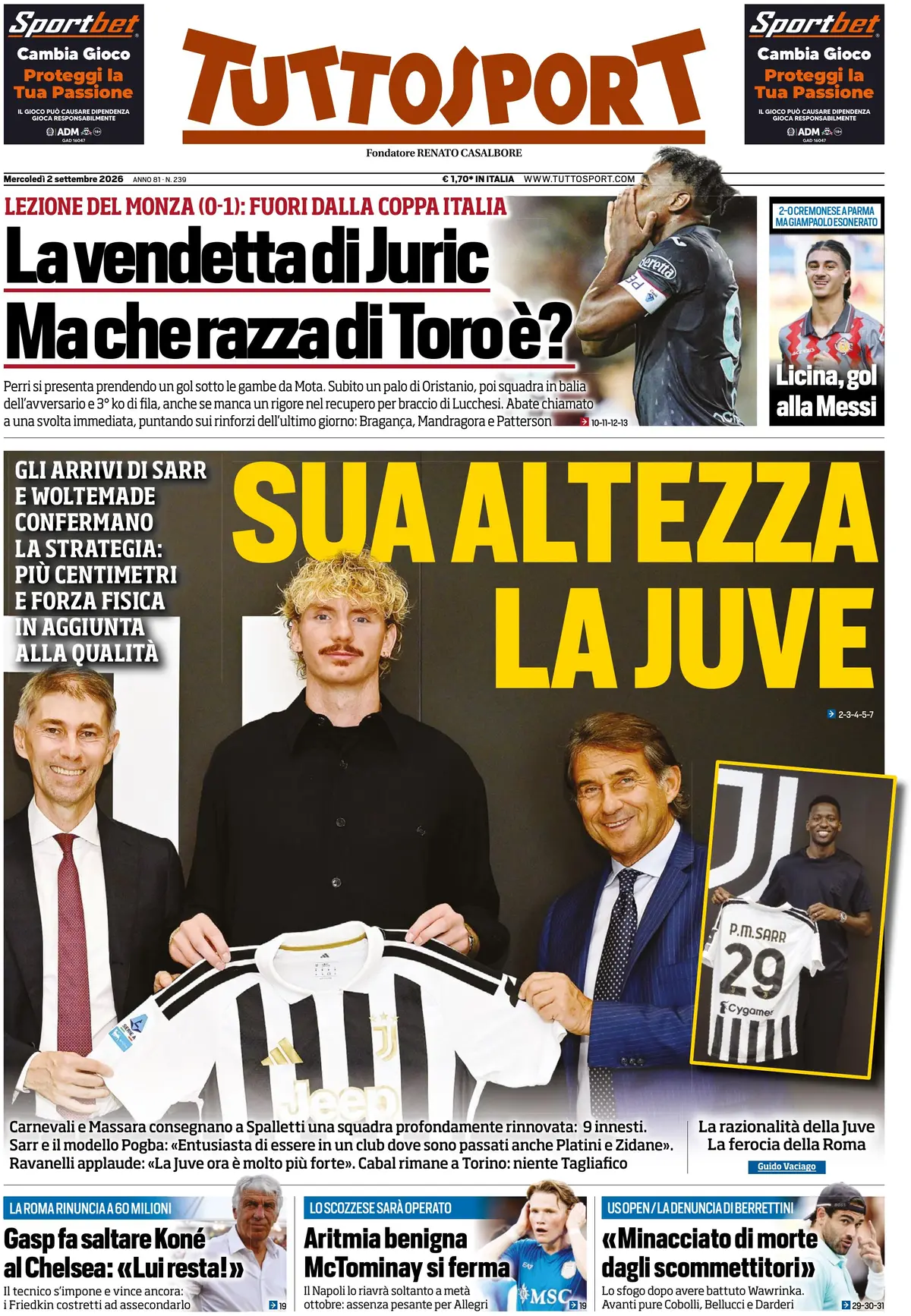 Le prime pagine dei quotidiani sportivi