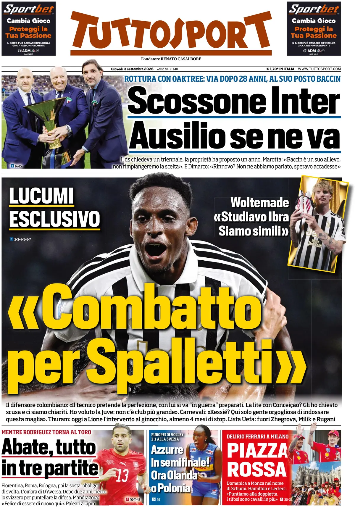 Le prime pagine dei quotidiani sportivi